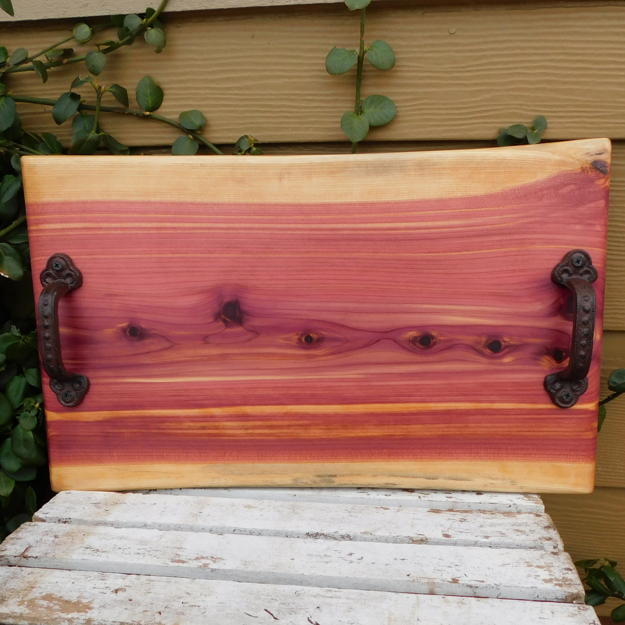 Red Cedar Charcuterie Board with Wrought Iron Handles & Clear Rubber Grip Feet