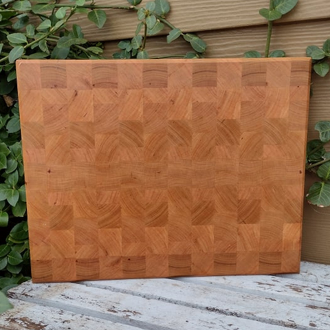 Cherry Wood End Grain Cutting Board with Clear Rubber Grip Feet & Hand Grooves on Sides