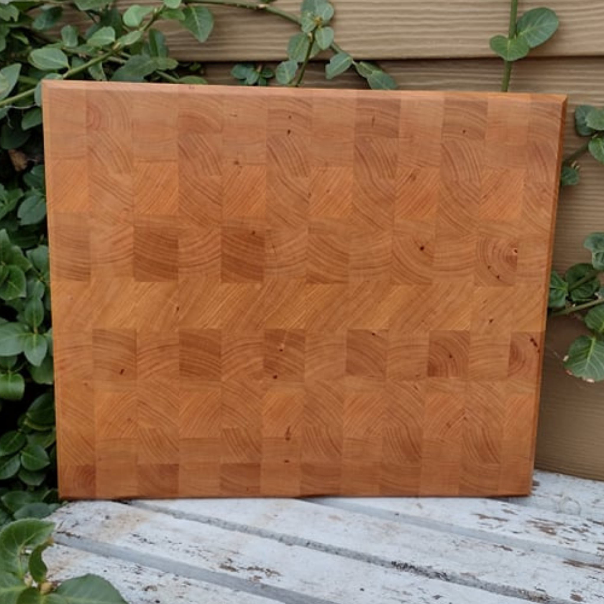 Cherry Wood End Grain Cutting Board with Clear Rubber Grip Feet & Hand Grooves on Sides