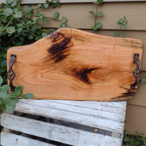 Cherry Wood Charcuterie Board with Cast Iron Handles & Clear Rubber Grip Feet