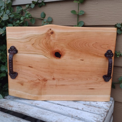 Cherry Wood Charcuterie Board with Cast Iron Handles & Clear Rubber Grip Feet