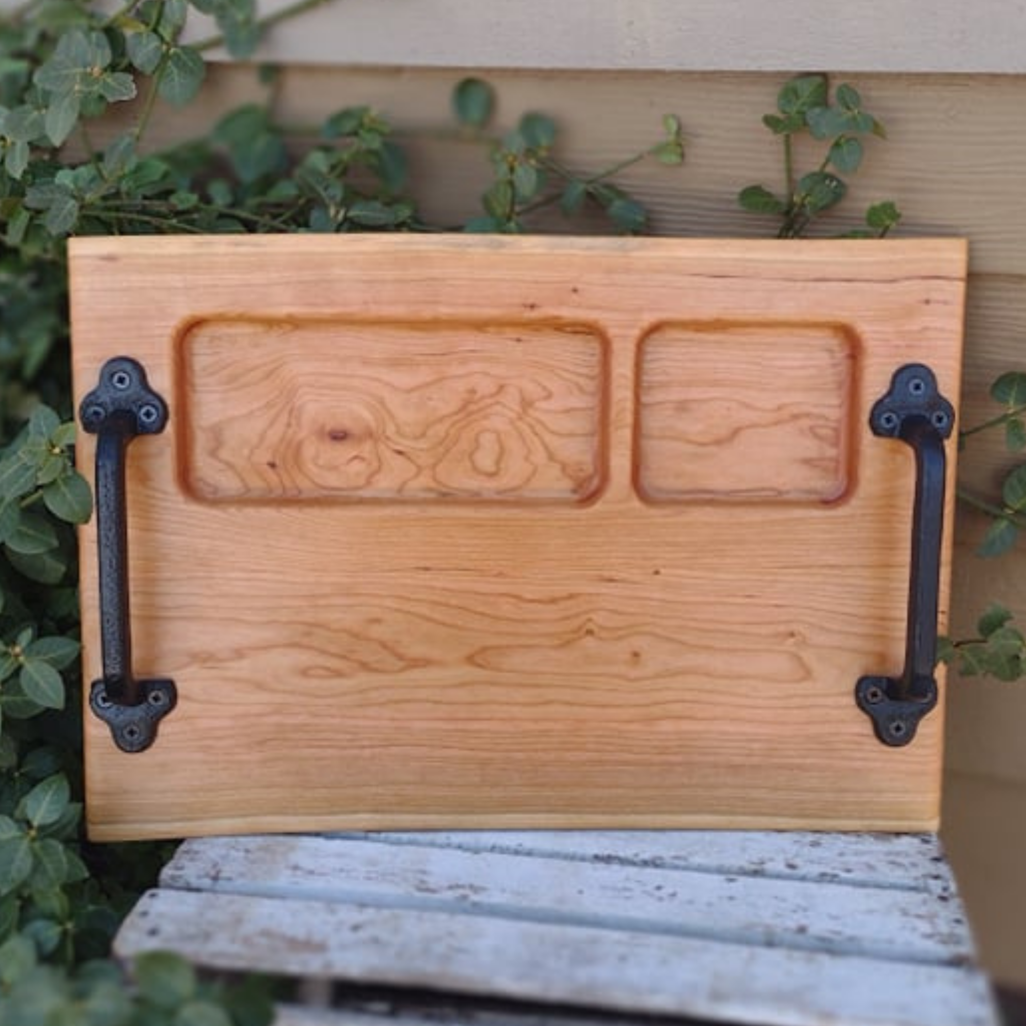 Cherry Wood Charcuterie Tray with Cast Iron Handles